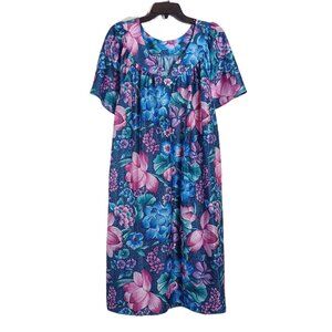 Granada Floral Nightgown Women’s 1X Blue Multi Tropical Soft Cozy VTG Lounge